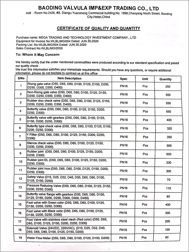 Chứng chỉ CQ van cổng