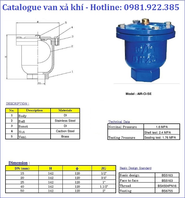 Catalogue van xả khí